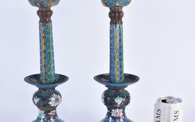 A LARGE PAIR OF EARLY 20TH CENTURY CHINESE CLOISONNE ENAMEL AND BRONZE PRICKET CANDLESTICKS Late Qin