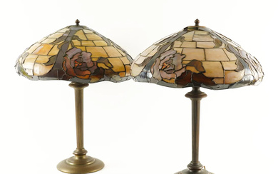 A LARGE PAIR OF TIFFANY STYLE STAINED GLASS MOUNTED BRASS TABLE LAMPS (2)