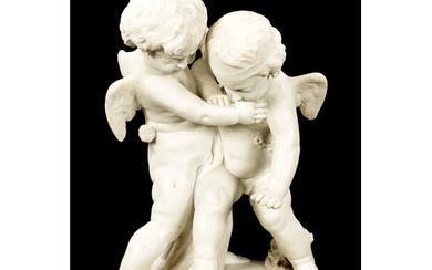 A LATE 19TH CENTURY CARVED MARBLE GROUP OF TWO CHERUBS (46cm...