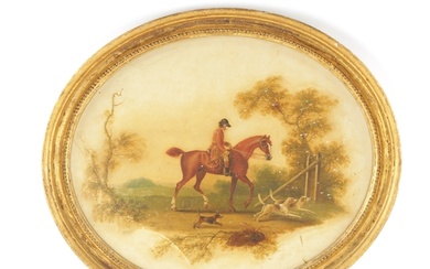A LATE 19TH CENTURY OVAL OIL ON TIN. Hunting scene with hors...