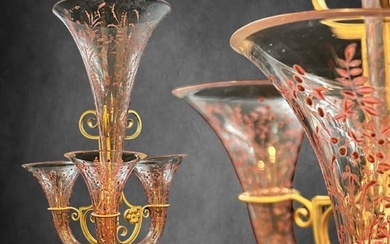 A Large 19th C. French Baccarat Soliflore Enameled Crystal & Bronze Centerpiece
