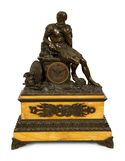A Large Empire Style Bronze and Marble Figural Clock