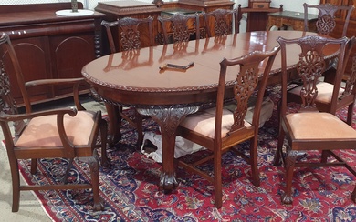 A MAGNIFICENT NINE PIECE MAHOGANY CHIPPENDALE STYLE DINING SUITE