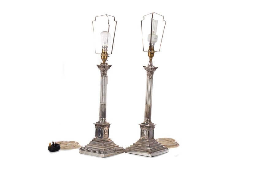 A MATCHED PAIR OF EARLY 20TH CENTURY CORINTHIAN COLUM TABLE LAMPS