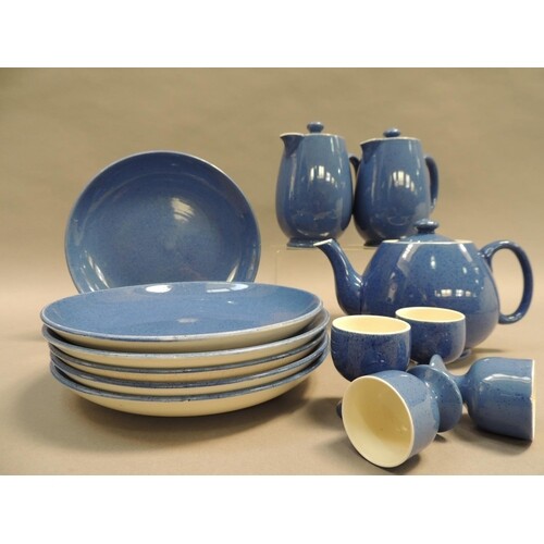 A Moorcroft Powder Blue tea pot, pair of lidded jugs, four e...