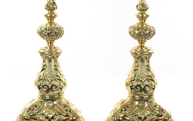 A PAIR OF 19TH CENTURY BRASS AND IRON FIRE...