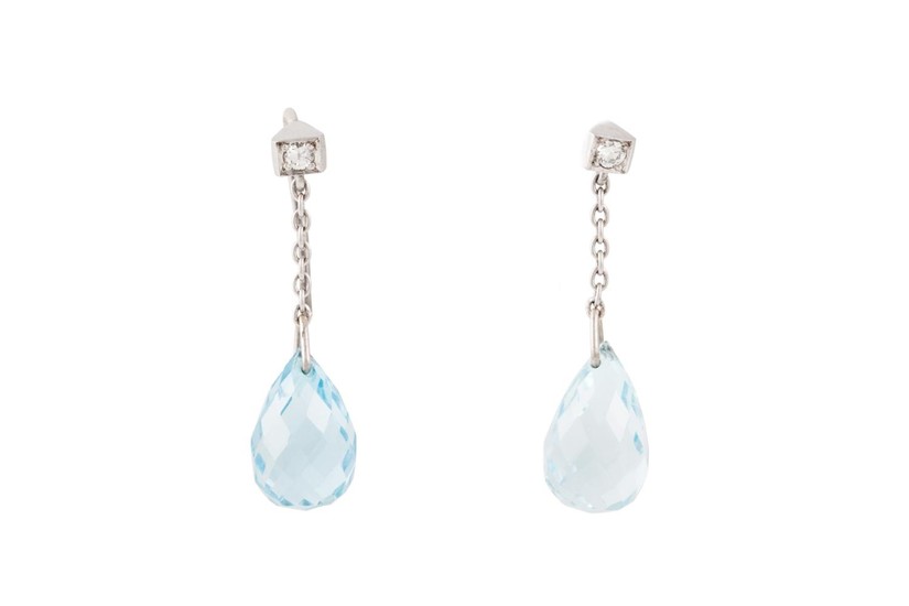 A PAIR OF AQUAMARINE AND DIAMOND DROP EARRINGS, the faceted ...