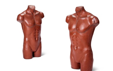 A PAIR OF FAUX LEATHER MALE TORSO MANNEQUINS, LATE 20TH CENTURY