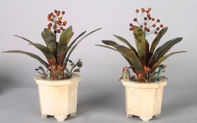 A PAIR OF GREEN JADE AND AMBER 'ORCHIDS' MARBLE PLANTERS