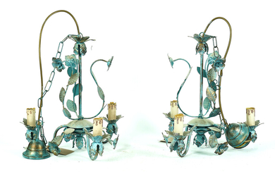 A PAIR OF ITALIAN BLUE PAINTED METAL THREE-LIGHT CHANDELIERS AND ANOTHER (3)