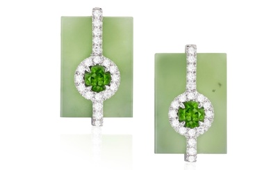 A PAIR OF JADE, CHROME DIOPSIDE AND DIAMOND EARRINGS, BY MAR...