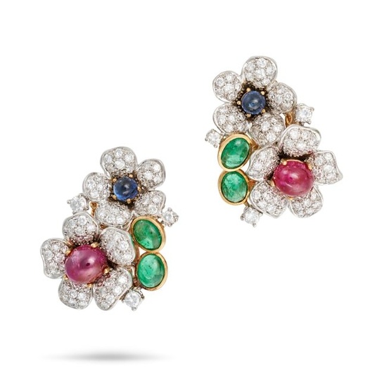 A PAIR OF RUBY, SAPPHIRE, EMERALD AND DIAMOND FLOWER CLIP EARRINGS in 18ct yellow and white gold