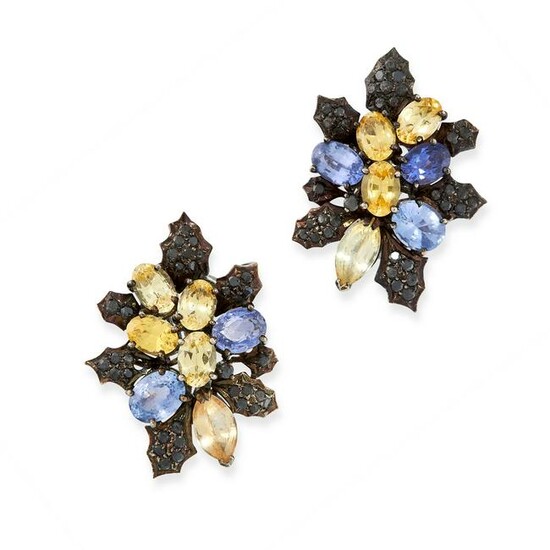 A PAIR OF SAPPHIRE AND BLACK DIAMOND EARRINGS of