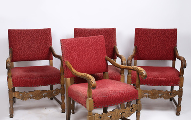 A SET OF FOUR DANISH CARVED OPEN ARMCHAIRS.