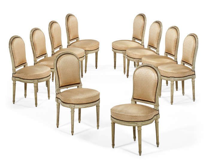 A SET OF TEN LOUIS XVI GRAY-PAINTED DINING CHAIRS BY...
