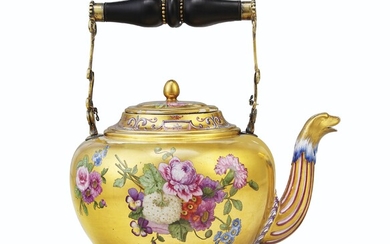 A SEVRES (HARD PASTE) PORCELAIN GOLD-GROUND TEAPOT AND COVER (THEIERE 'BOUILLOTTE'), CIRCA 1779, IRON-RED CROWNED INTERLACED L'S ENCLOSING DATE LETTER BB, PAINTER'S MARK FOR P. PARPETTE, INCISED AP