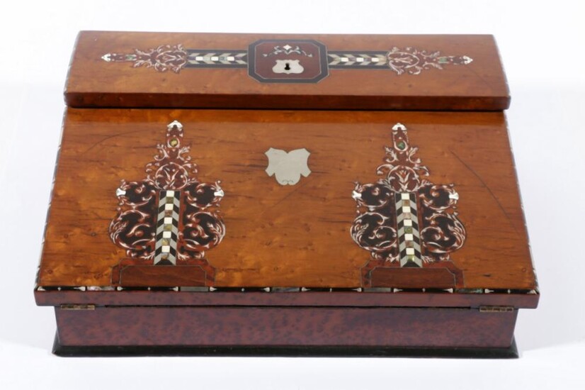 A Victorian Burr Walnut Writing Slope, with Mother of Pearl Inlay, Decorated with Ivory and Brass Inserts (H:12cm W:38cm D:30cm)