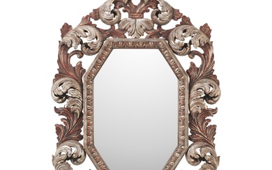 A WALL MIRROR IN AN ITALIAN BAROQUE-STYLE CARVED AND SILVERED WOOD FRAME Late 20th century