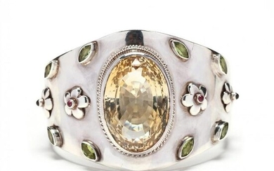 A Wide Silver and Gem-Set Bangle