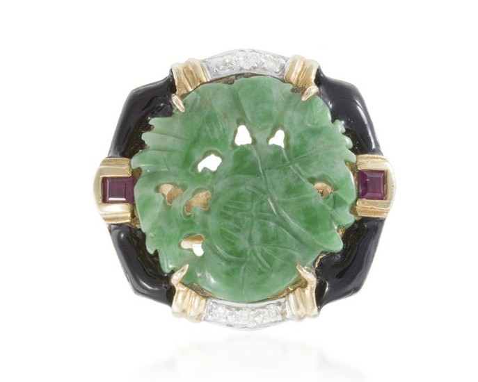 A carved jadeite, enamel, diamond and ruby ring
