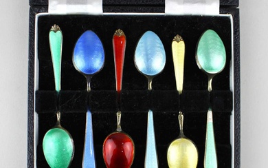 A cased set of 6 enamelled silver-gilt coffee spoons