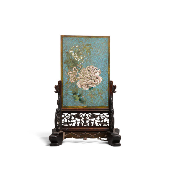 A cloisonné enamel flower panel mounted as a table screen