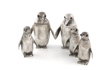A collection of five novelty silver penguin condiments