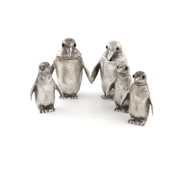 A collection of five novelty silver penguin condiments