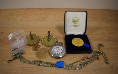 A collection of miscellaneous items including a Timex Expedition pocket watch, a silver curb link
