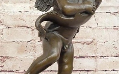 A. del Verrocchio's Original Bronze Sculpture: Cherub Angel Putto with a Dolphin - 16" x 7"
