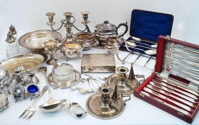 A group of silver plate, to include: engine turned cigarette case, 16.8cm wide; a cased set of six Garrard & Co. silver plated fish knives and forks; a cased set of three serving spoons with pagoda terminals; a three branch candelabrum, 19cm high...