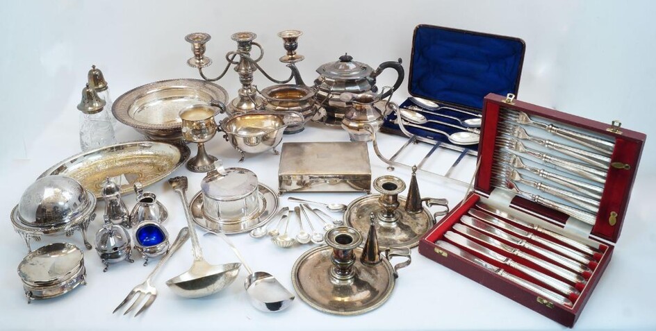 A group of silver plate, to include: engine turned cigarette case, 16.8cm wide; a cased set of six Garrard & Co. silver plated fish knives and forks; a cased set of three serving spoons with pagoda terminals; a three branch candelabrum, 19cm high...