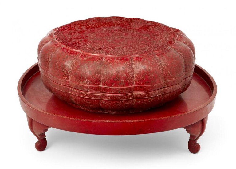 A large Chinese red lacquer lobed circular...