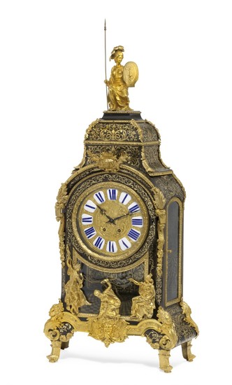 A large French gilt bronze, brass, tortoiseshell, Boulle marquetry table clock. Régence style, mid-19th century. H. 130 cm. W. 52 cm. D. 21 cm.