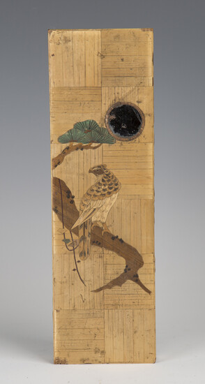 A late 19th century Japanese straw work box, the top decorated with a bird of prey on a pine branch