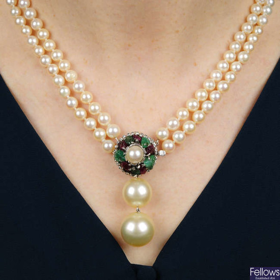 A mid 20th century cultured pearl two-row necklace