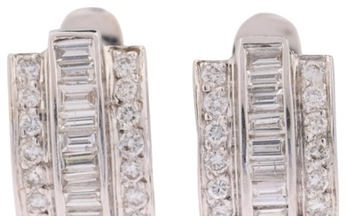 A pair of 18ct white gold diamond hoop earrings, set with ba...