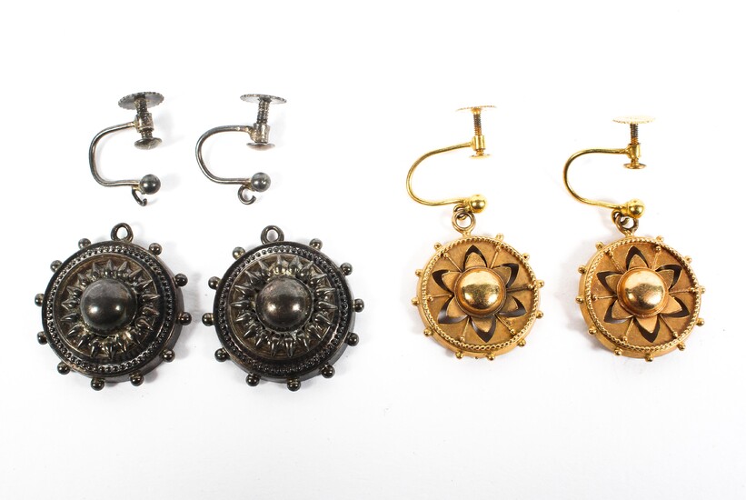 A pair of 9ct gold Etruscan style circular clip earrings together with similar white metal examples