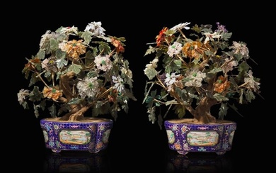 A pair of Chinese hardstone and enameled metal floral jardinières 寶石盆