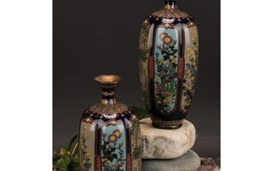 A pair of Japanese cloisonne enamel lobed ovoid vases, paint...