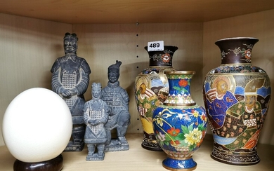 A pair of Japanese satsuma vases with a Chinese cloisonne vase, three terracotta figures and an ostrich egg, tallest H. 28cm.