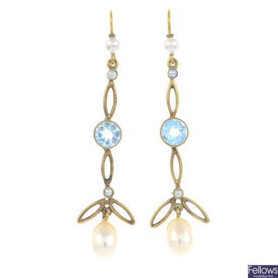A pair of aquamarine and cultured pearl earrings.