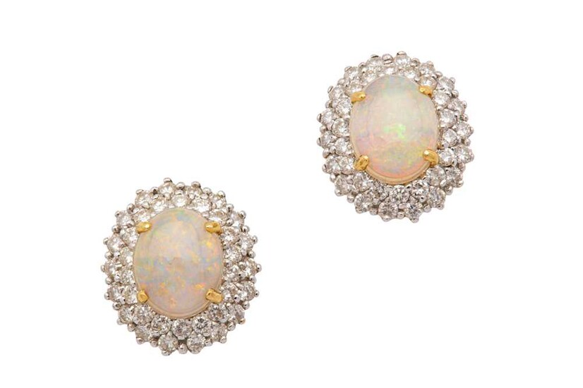 A pair of opal and diamond cluster earrings