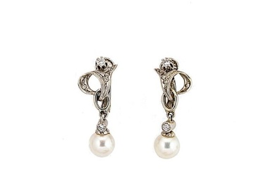 A pair of pearl and diamond ear pendants