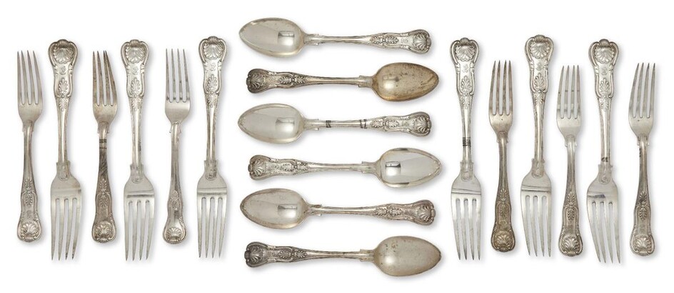 A part-canteen of Victorian silver King's pattern flatware, London, c.1845, Samuel Hayne & Dudley Cater, comprising: six dessert spoons, six table forks and six dessert forks (one earlier matched example, London, c.1823, John & Henry Lias, armorial...