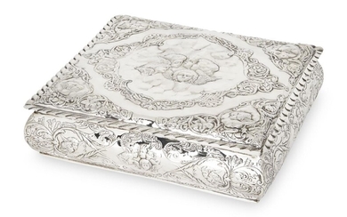 A putti-decorated Victorian silver jewellery box, Birmingham, 1898, Henry Matthews, of rectangular form, with crimped edge, the hinged lid and sides richly repousse decorated with putti, floral and scroll motifs, the interior with red velvet...