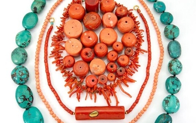A quantity of coral, Corallium rubrum, beads and a group of turquoise, and gem necklaces, including a collection of large barrel-shaped beads, three necklaces and various un strung coral beads and oddments; the turquoise comprises mainly drilled...