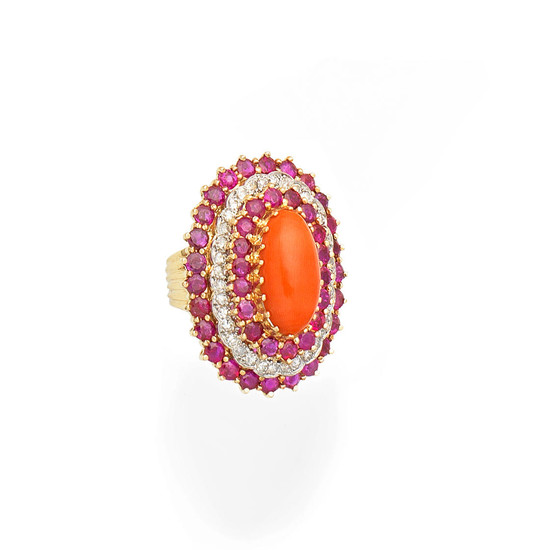 A ruby, coral and diamond dress ring, circa 1970