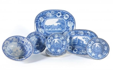 A selection of Staffordshire blue and white printed pottery including assorted views of St. Albans Abbey