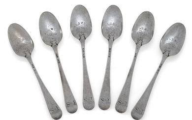 A set of six George III silver 'Plenty' picture-back teaspoons, London, c.1770, Thomas Wallis, Hanoverian pattern, the reverse of each bowl with wheatsheaf decoration beneath the word 'plenty', the reverse of terminals engraved 'IS', 12.3cm long...